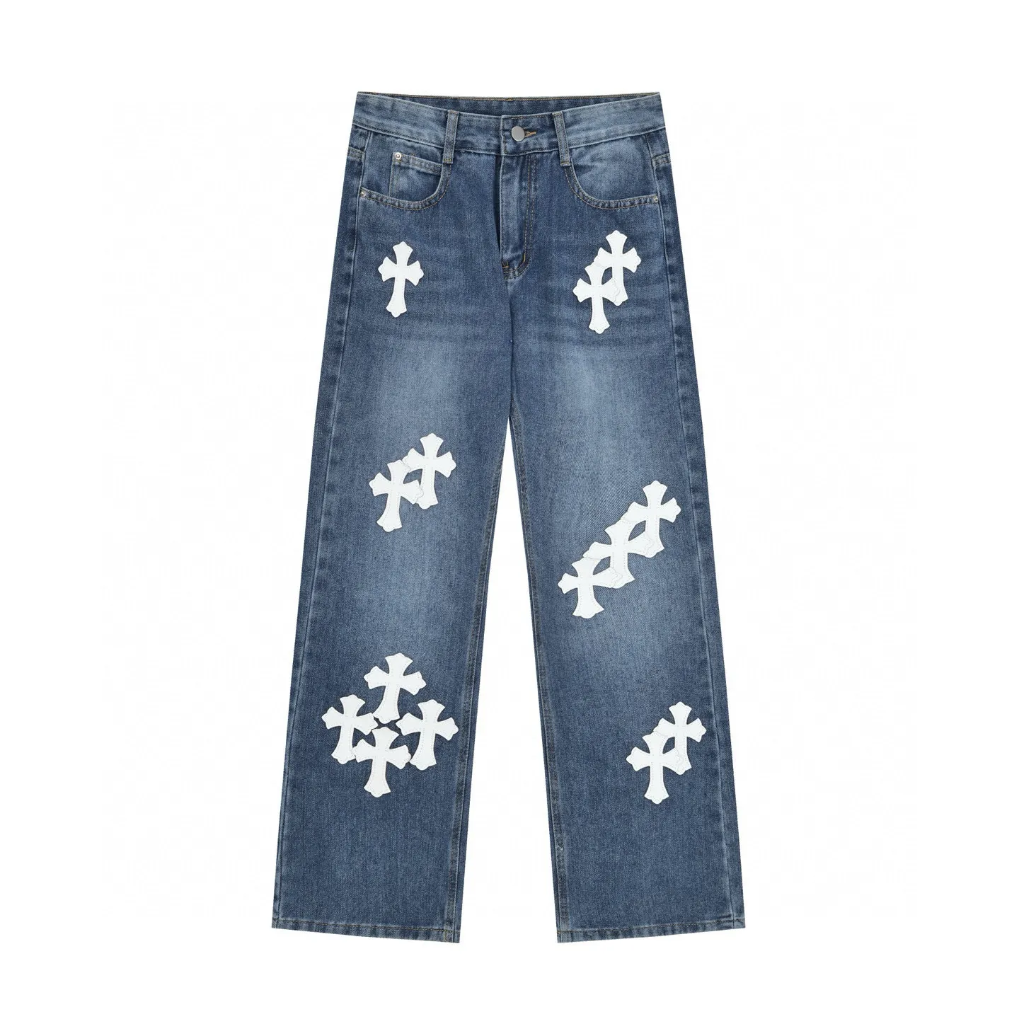 P270 Chrome Hearts/Chrome Hearts Classic Color Leather Cross Washed Color Fabric Unisex Denim Trousers Color: Picture Color Code Number: 28-36